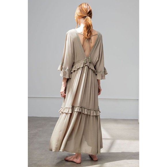 Easel Faded Olive Button Down Wing Sleeve Rayon Gauze Ruffled Edges Maxi Dress - Picture 4 of 8